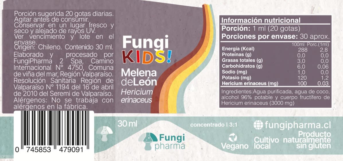 Etiqueta Fungi Kids: jerarquía de información y ficha nutricional.