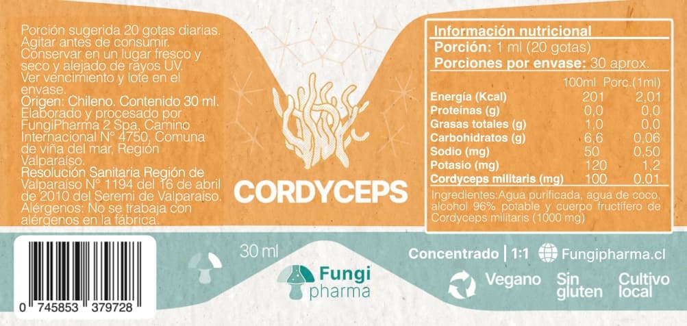 Etiqueta Cordyceps, misma estructura aplicada a otra línea.
